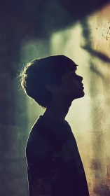 Silhouetted boy gazes upward into shaft of soft light