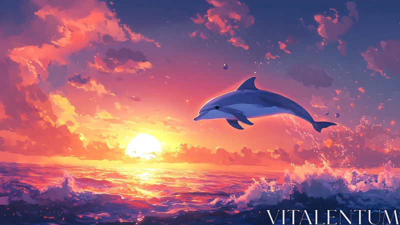 Dolphin arcs through a sherbet sunset over glittering waves