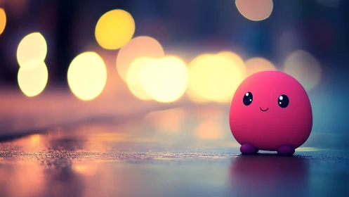 Tiny neon blob strolls through dreamy city lights at dusk.