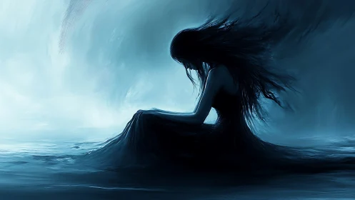 Tidebound shadow girl listening to the ocean&rsquo;s quiet ache.