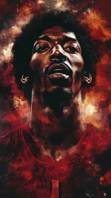 Stylized male portrait within red nebula-like background.