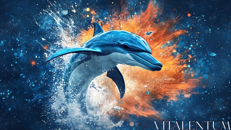 Digital dolphin figure with splash and abstract color burst.