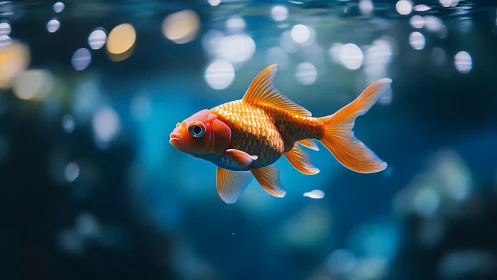 Orange goldfish in blue aquatic environment, detailed render.