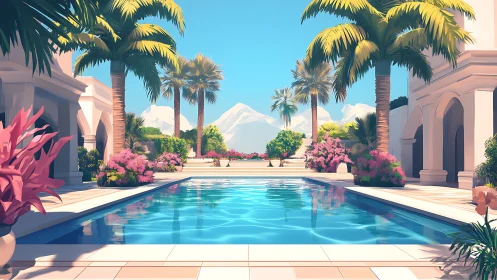 Mountain view villa pool with palms and flowering plants.