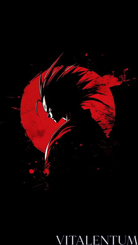 Fierce anime warrior silhouetted in a blazing red moon.