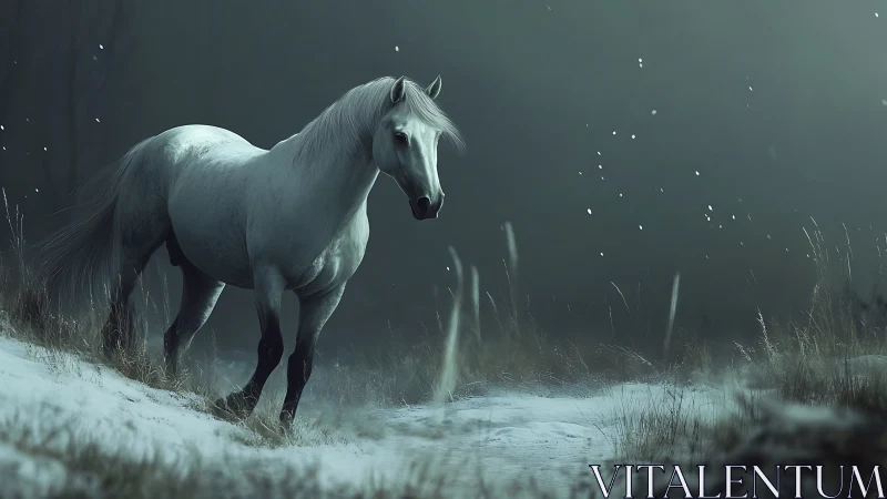 White horse standing in a quiet, snowy meadow at dusk.