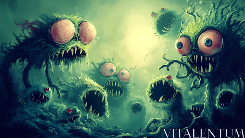 Grotesque green monsters swarm in eerie glowing mist.