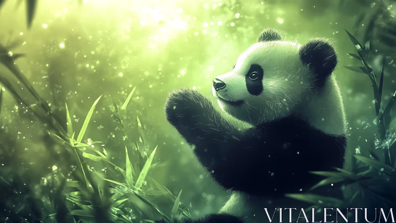 Digital panda render examines green-lit bamboo environment