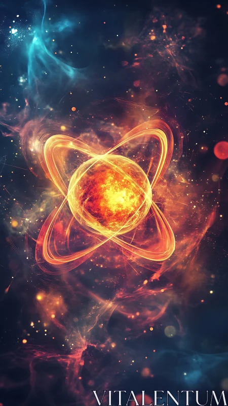 Glowing atomic core radiates energy in deep cosmic space.