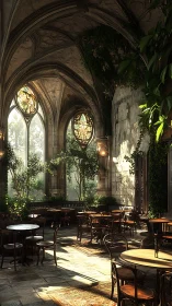 Gothic conservatory caf&eacute; interior with luminous stained glass.