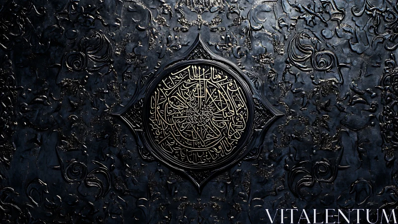 Intricate circular Arabic calligraphy embossed on dark relief
