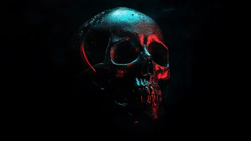 Neon-lit wet skull in deep shadowed cyberpunk darkness.