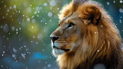 Side-profile lion portrait in snowfall with bokeh highlights