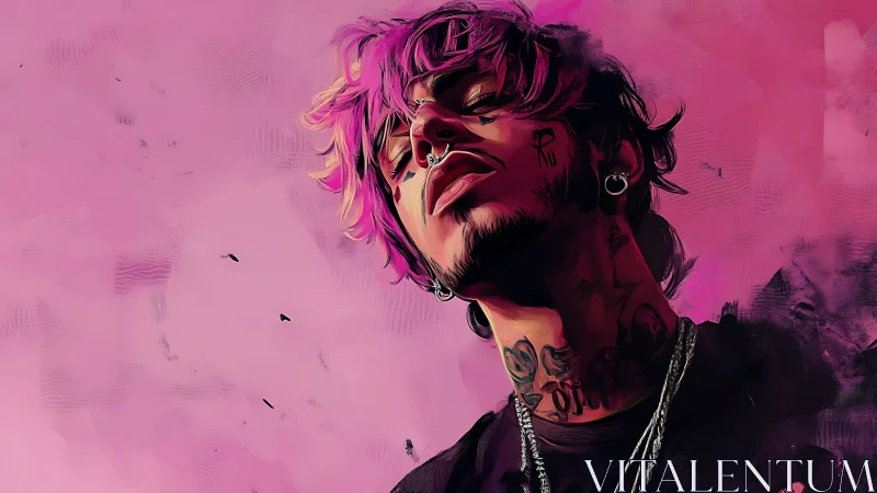 Neon magenta portrait renders tattooed singer in low angle