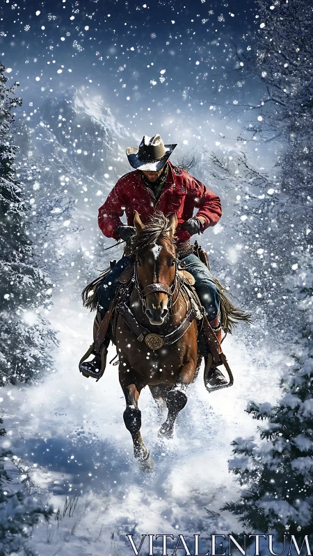 Snowstorm cowboy thunders through a glittering winter canyon