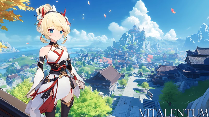 Cheerful anime traveler overlooking a sunlit cliff city.