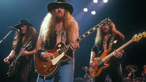 Rock guitar trio performs under stage spotlights during concert