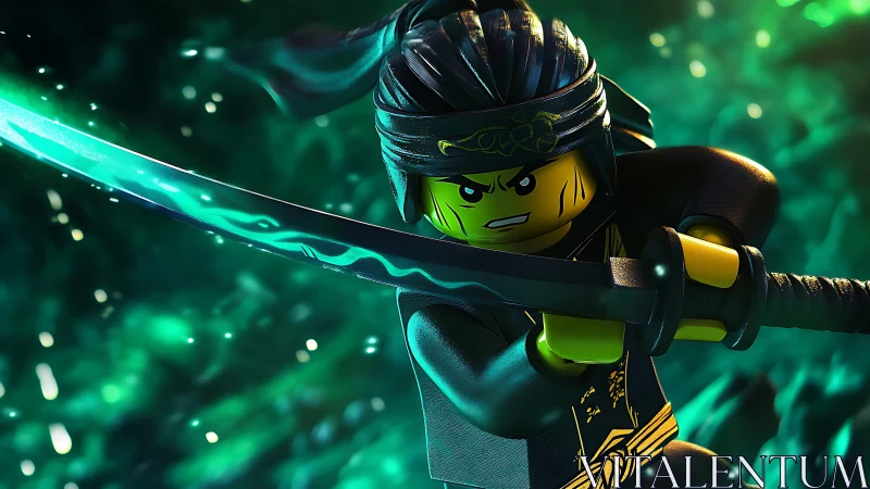 Emerald-blade plastic ninja dives through neon battle light.