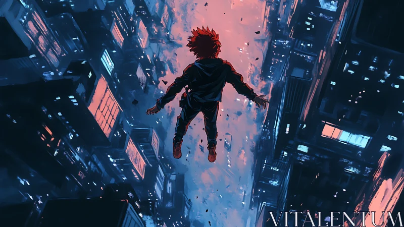 Neon freefall rebel hovering between blazing city canyons.