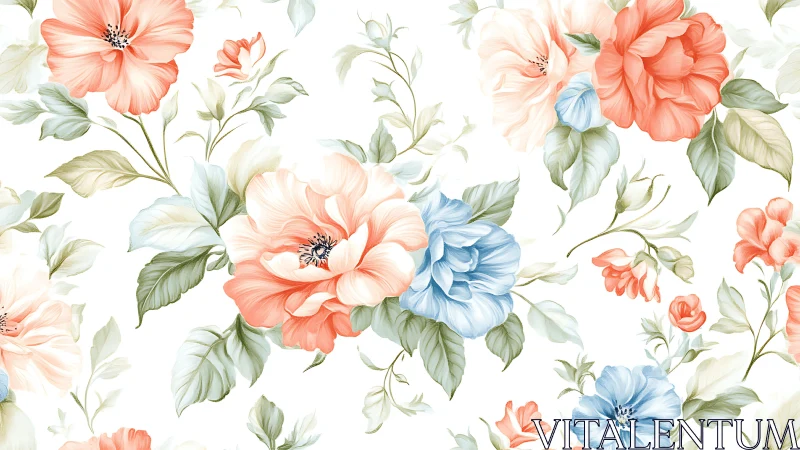 Botanical Floral Composition with Coral, Cream, and Cerulean Blooms.