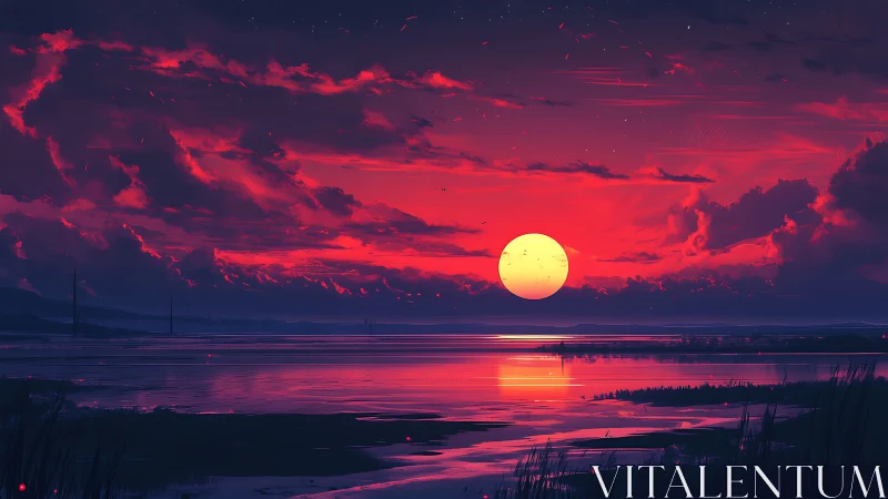 Crimson horizon sun melts over neon-tinted dreamwater bay.