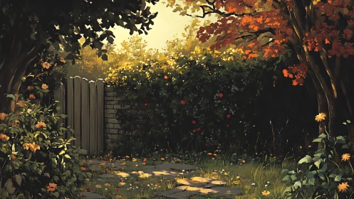 Sunlit garden gate framed by autumn trees and flowers