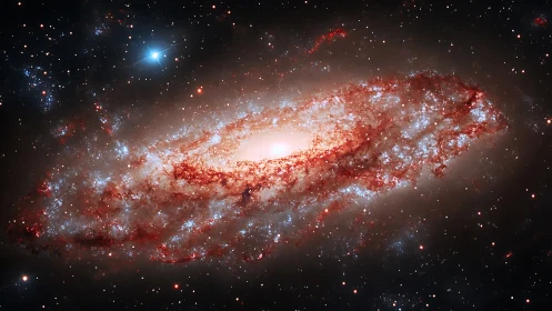 Spiral galaxy with bright core and dusty red star clouds.