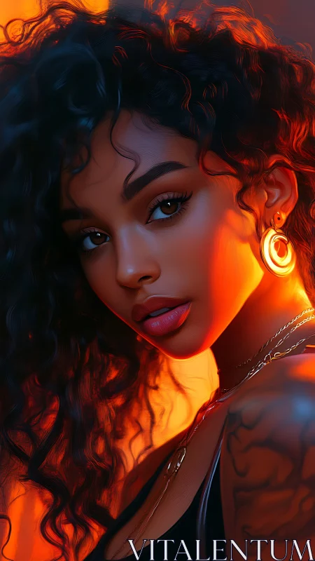 Luminous portrait of curly haired woman in molten sunset glow.