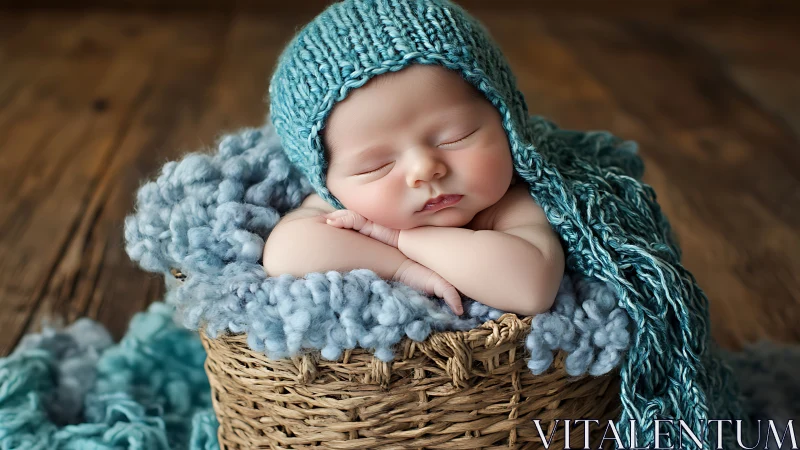 Sleeping Newborn in Woven Basket with Blue Knit Wraps.