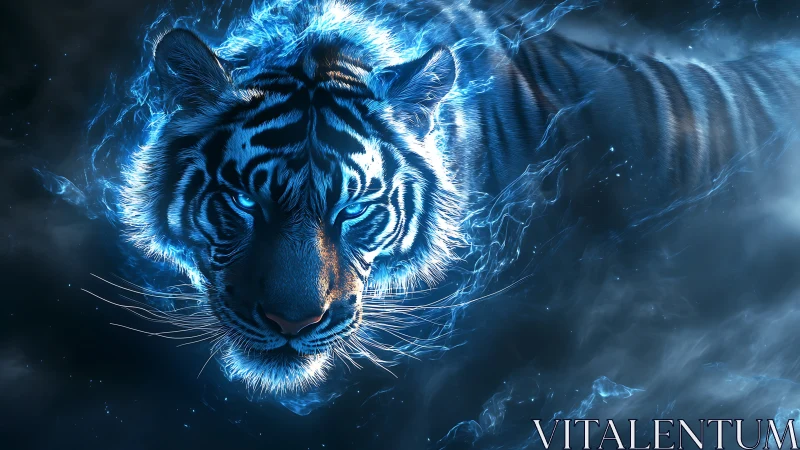 Midnight lightning tiger drifting through glowing stardust.