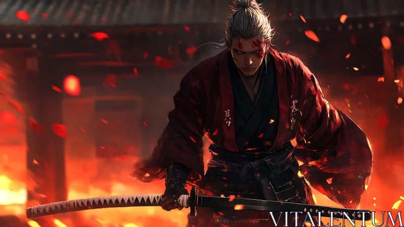 Samurai swordsman in red robe amid burning structure.