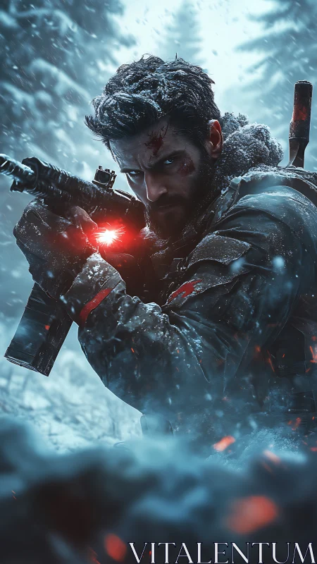 Battle-hardened sniper grips rifle in blizzard-lit combat.