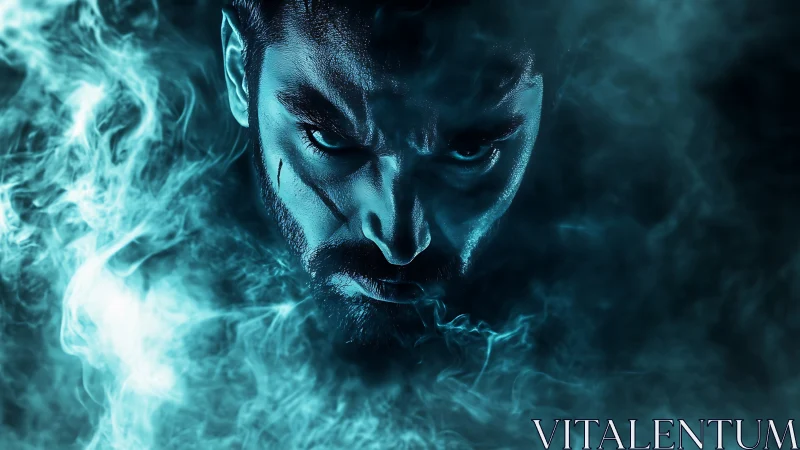 Fierce blue-lit warrior emerging from swirling mystical smoke.