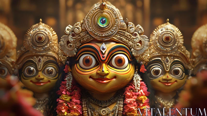 Gilded deity masks with stylized eyes in ceremonial garlands.
