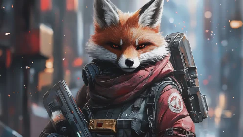 Streetwise fox mercenary prowls neon winter alleyways.