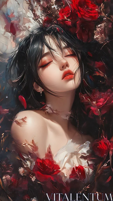 Dreamy black haired woman surrounded by vivid red roses.