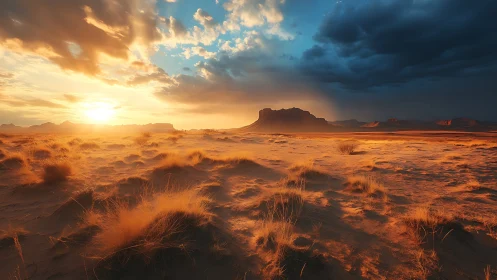 Desert plateau under low sun with contrasting storm clouds