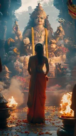 Woman stands before large deity statue in smoky temple interior