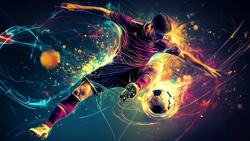 Electric soccer kick wrapped in swirling neon energy.