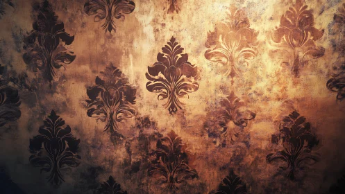 Ornate damask motifs appear on a distressed golden wall