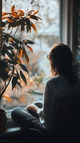 Woman in soft autumn light quietly reflecting by window