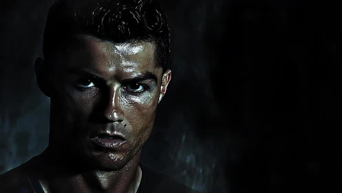 Male athlete portrait shows intense expression in low light