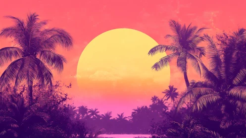 Neon gradient tropical sunset with silhouetted palm canopy