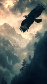 Eagle glides through misty mountain gorge at stormlit dawn