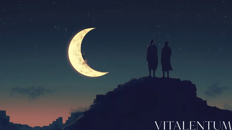 Two silhouettes observe giant crescent moon over rocky landscape.
