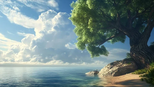 Coastal Landscape Depicting Gnarled Oak Tree Overlooking Luminous Sea
