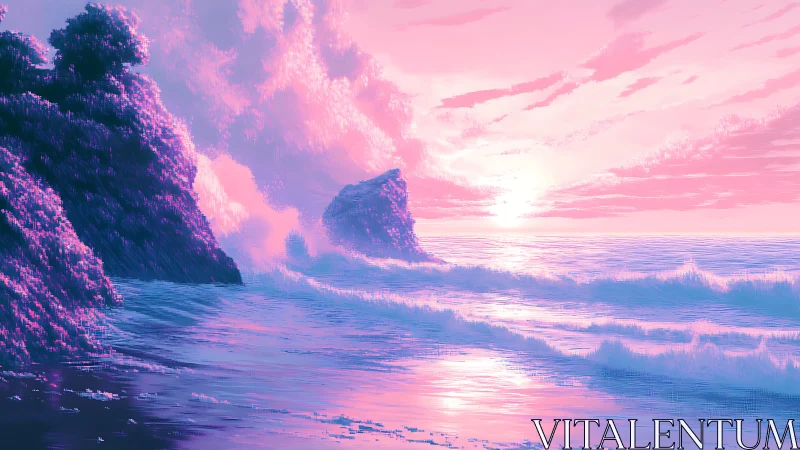 Neon dusk coastal seascape with waves and silhouetted cliffs