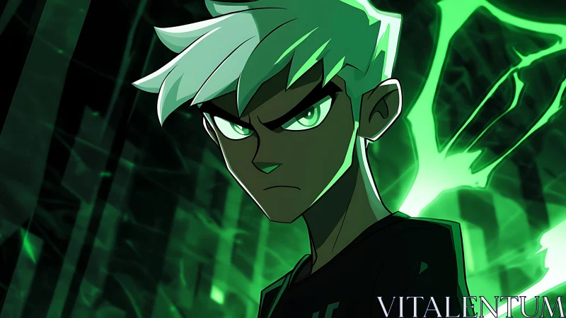 White-haired cartoon boy with glowing green energy aura.