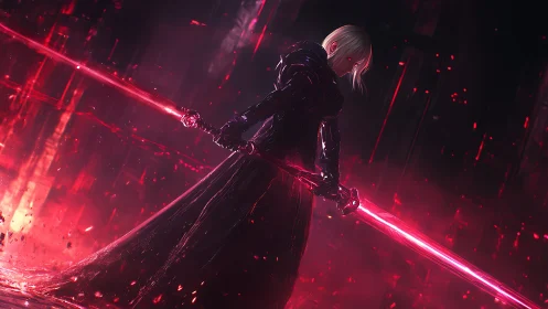 Crimson void knight ignites twin energy blades in ruinous glow.