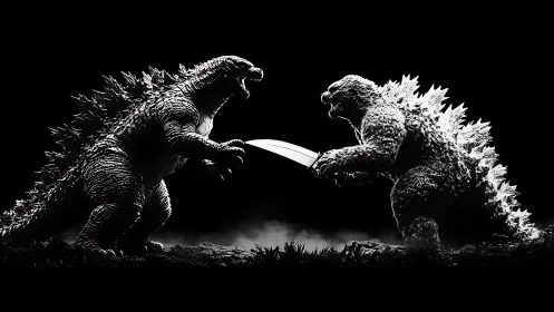 Monochrome kaiju duel with mirrored blade tension.